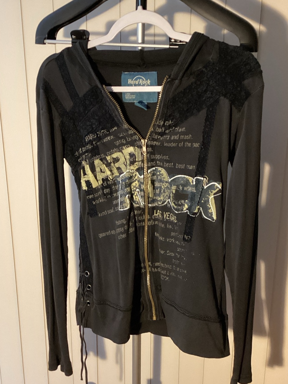 Hard Rock Cafe Black Graphic Zip Hoodie with Metallic Accent